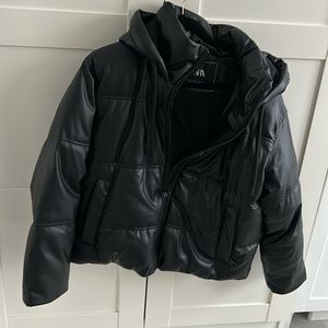 Zara Leather Hooded puffer Jacket- Black- Medium